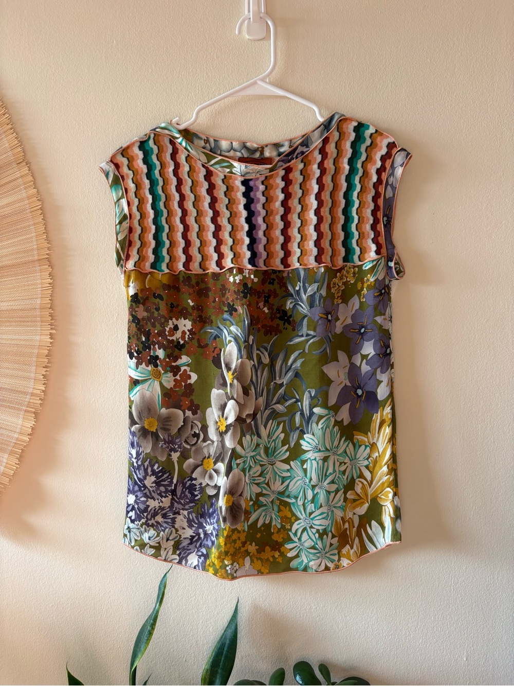 Missoni Vintage Silk and Knit Multicolor Floral Print Sleeveless Top w/ chevron